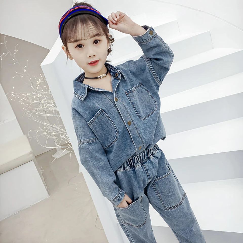 Джинсовые костюмы для девочек новинка 2019 модная версия комплект детской одежды