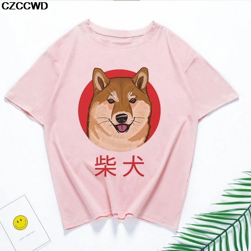 Funny Kawaii Cute Shiba Inu Dog T-shirt Women Gift Print Pink T-shirt Summer Loose Harajuku T Shirt Streetwear Clothes Tops Tees