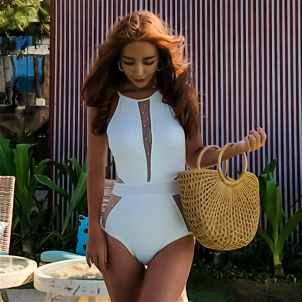 Sexy Mesh Cut Hollow Out Deep V Neck High Waist Swimsuit Lady 2020 Monokini One Piece Swimwear Women Swim Bath Suit Trikini-4