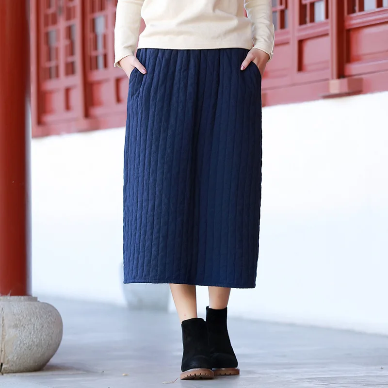 NINI WONDERLAND, зимние Утепленные хлопковые винтажные юбки-бутоны, Женская однотонная Свободная юбка с эластичной резинкой на талии, женская повседневная юбка большого размера