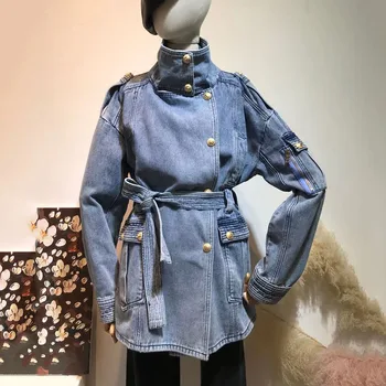 

Denim Jacket Chic Fashion Winter Autumn Coat Stand Collar Pocket Jackets Women Loose Casual Blue Jean Female Outwear Jackets