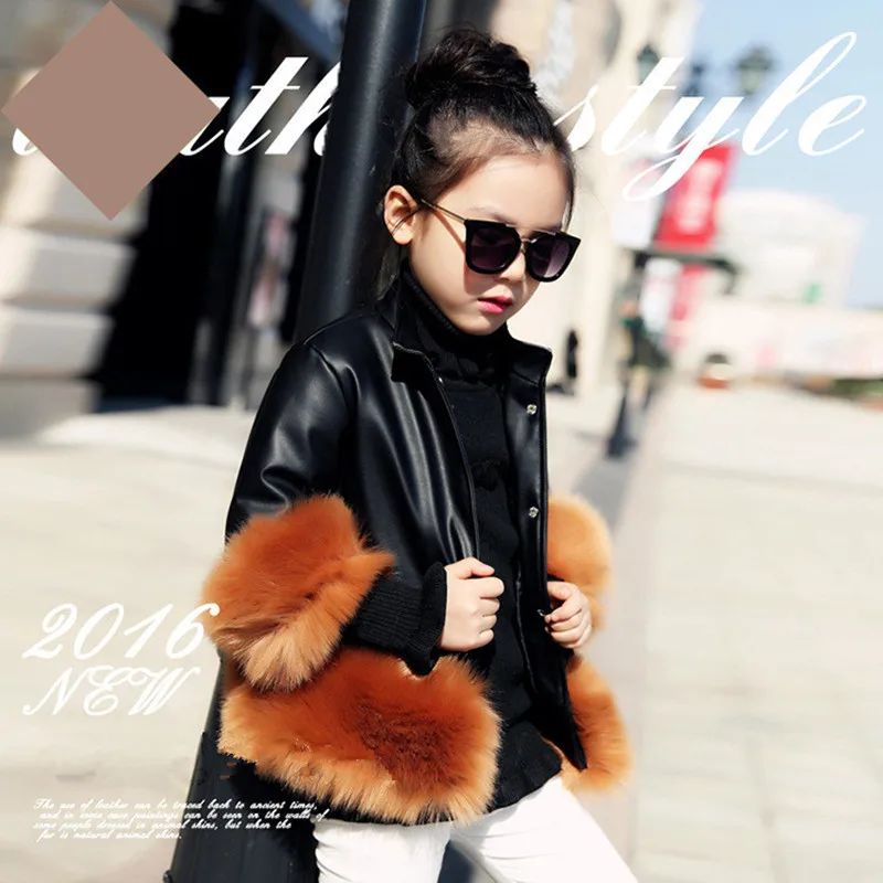 Новинка; зимние кожаные пальто с искусственным мехом в стиле пэчворк для девочек; модная теплая хлопковая куртка принцессы из плюша для девочек; верхняя одежда; CT052 - Цвет: black