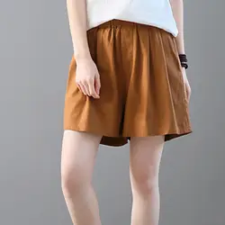 Женские широкие брюки с эластичной резинкой на талии, Красивые Летние Женские однотонные драпированные льняные короткие женские