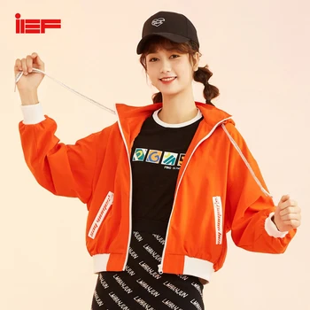 

IEF Women Spring Summer Sport Style Short Jacket Female Causal Hooded Letter Loose Thin Jacket 0S30L-D9847-