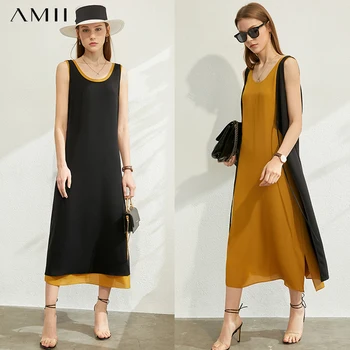 

AMII Minimalism Spring Summer 2pcs Set Oneck Loose Spiced Women Dress Fashion Design Aline Calf-length Female Dress 12030232