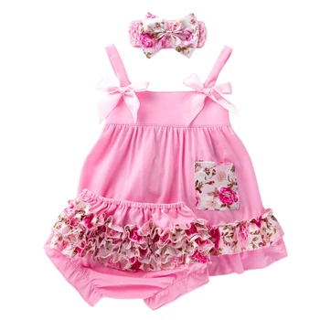 

3Pcs Summer Outfits Set Swing Top Newborn Baby Girl Clothes Infant Short Sleeve Romper Top Dress+Headband Toddler Baby Clothing