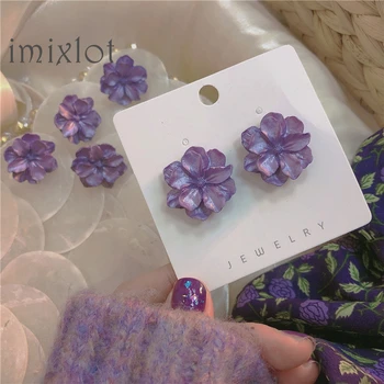 

New Korean Romantic Purple Luster Stereoscopic Shell Flowers Sweet Vintage Stud Earrings for Women Party Jewelry