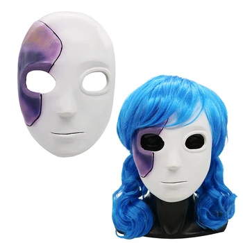

Sally Face Cosplay Props Sally Latex Mask and Wig Short Blue Heat Resistant Synthetic Hair Clip Ponytails Wigs