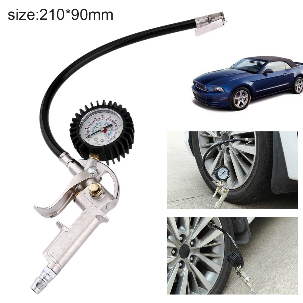 220 psi Lock On Tire Inflator with Air Pressure Gauge Pistol Chuck Flexible Hose 