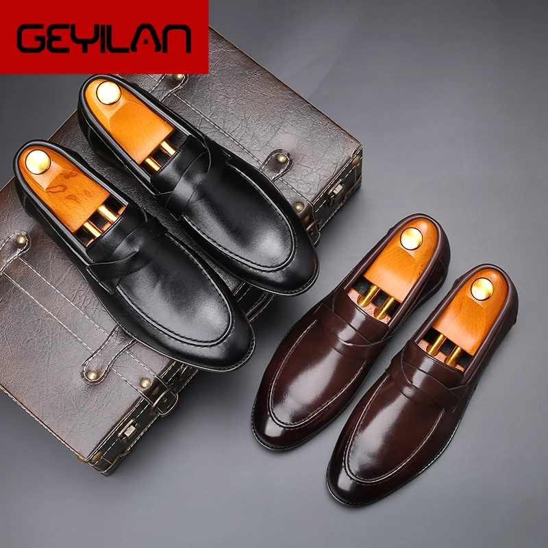 

Spring Autumn Pointed Toe Men Shoes Luxury Italian Style Formal Dress Leather Shoes Flats Party Wedding Loafers Big Size