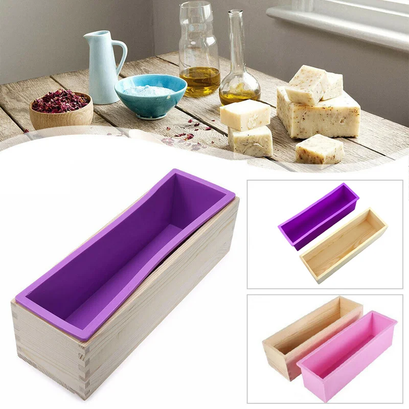 Flexible Rectangular Silicone Soap Loaf Mold with Wood Box