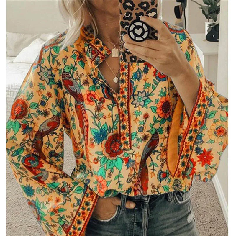 Fanbety Plus size Autumn Chic Blouses women Peacock Floral Print Long Sleeve Shirts women Casual V-neck Boho Blouse Tops Female
