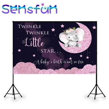 

Pink Glitter Welcome Baby Elephant Background Custom Moon Twinkle Little Star Baby Shower Backdrop for Kid Birthday Party Banner