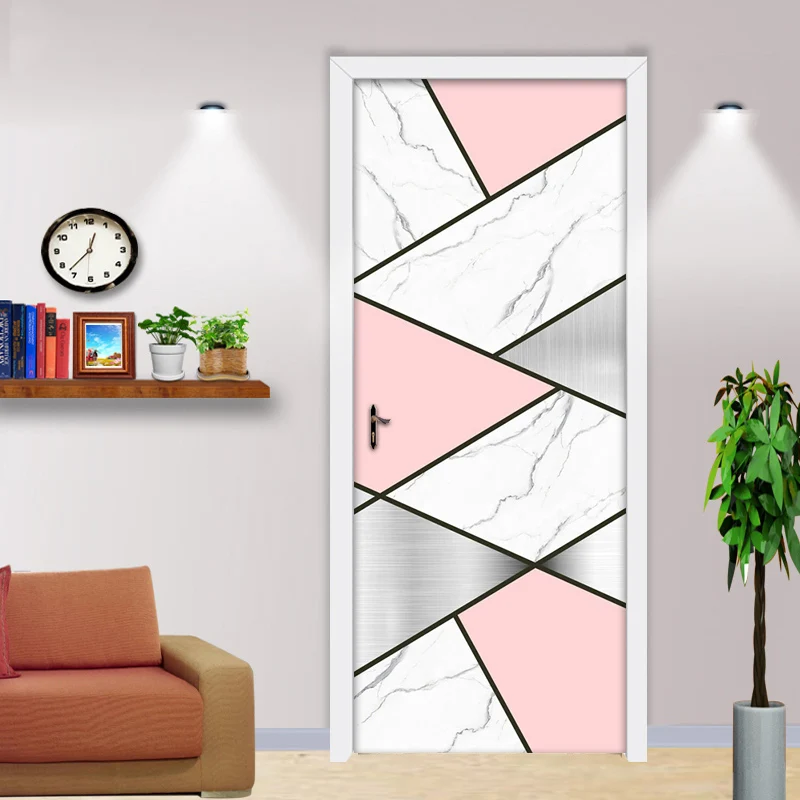 3D Geometric Marble Waterproof Self-adhesive Door Sticker Wall Decals Modern Living Room Bedroom Door Decoration Mural Wallpaper