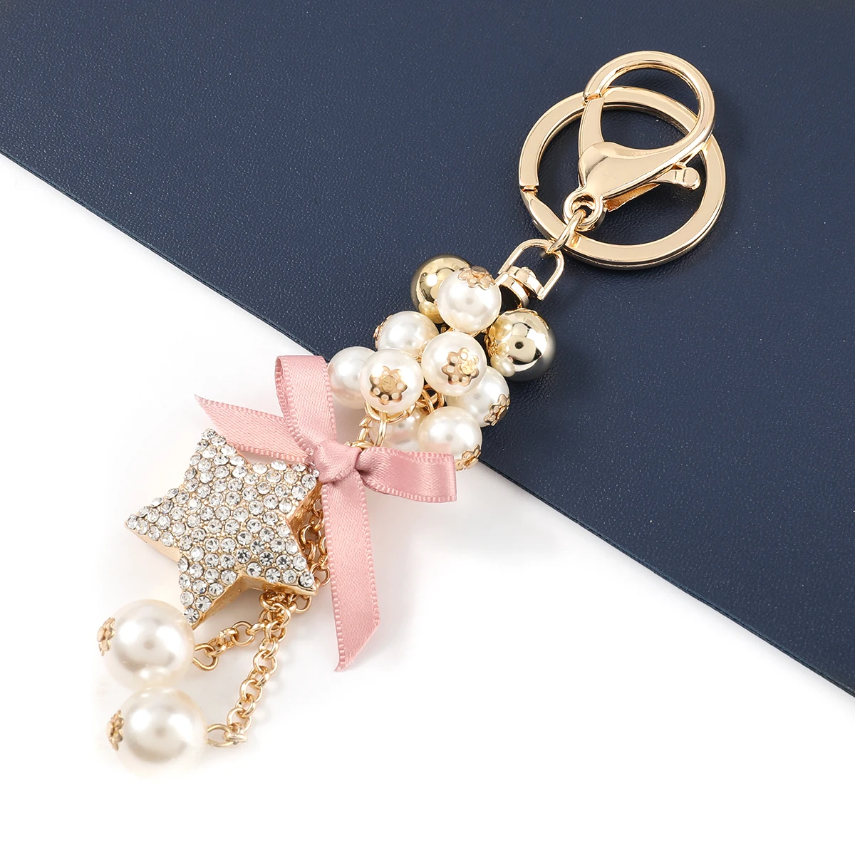 Fashion Metal Rhinestone Five-pointed Star Imitation Pearl Keychain Car Key Ring Girl Backpack Pendant Campus Accessories | Украшения и