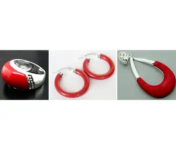

Free Shipping Perfect matched Red Carved Lacquer Marcasite 925 Sterling Silver Ring(#7-10) Earrings & Pandent jewelry sets