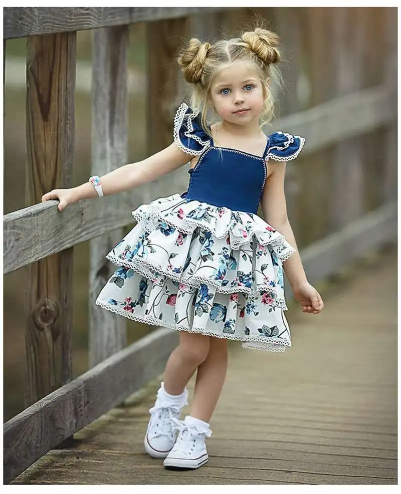 

Kids Flower Princess Dress For Girls Infant Pleated Denim Party Dress Children Bridesmaid Elegant Dress Girl Baby Girls Clothes