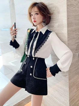

Contrasting lace stitching double-breasted shirt + tweed beaded shorts suit women 2020 autumn new