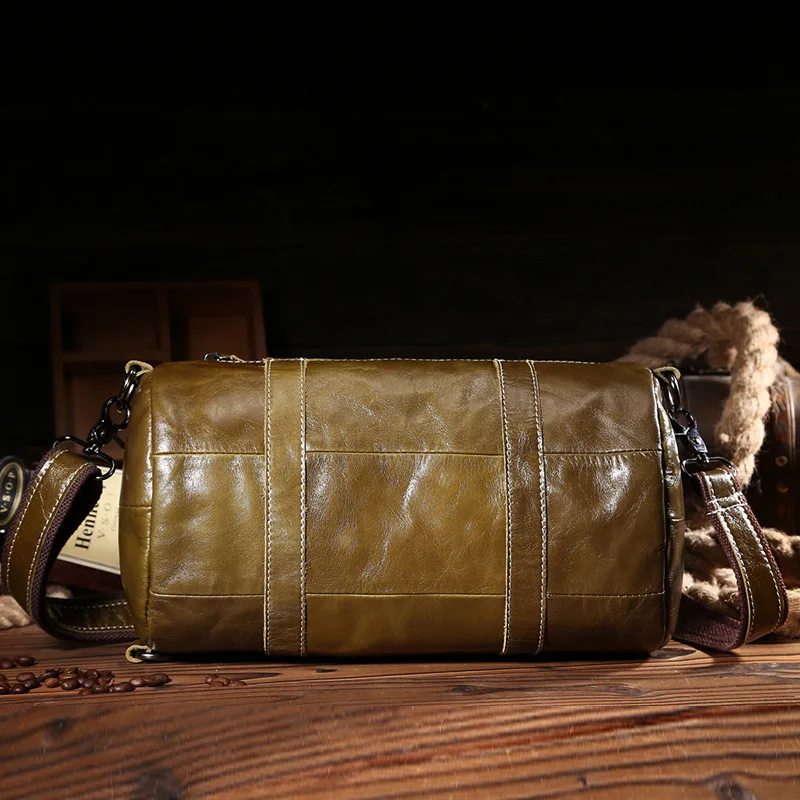 Новые Оригинальные кожаный, цилиндрической формы сумка из коровьей кожи Повседневное сумка Мода масло воск мужская сумка-портфель из натуральной кожи в стиле унисекс, для прогулок сумка