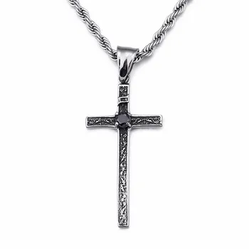 

Religious Cross Chain Men's Stainless Steel Light & Long Cross With One Crystal Crucifix Pendant Necklace Cheap Jewelry