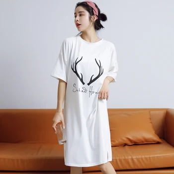 

Caiyier Cute Print Women Cotton Nightdress O-Neck White Causal Girls Nightshirts Summer Short Sleeve Sleepwear Home Dress