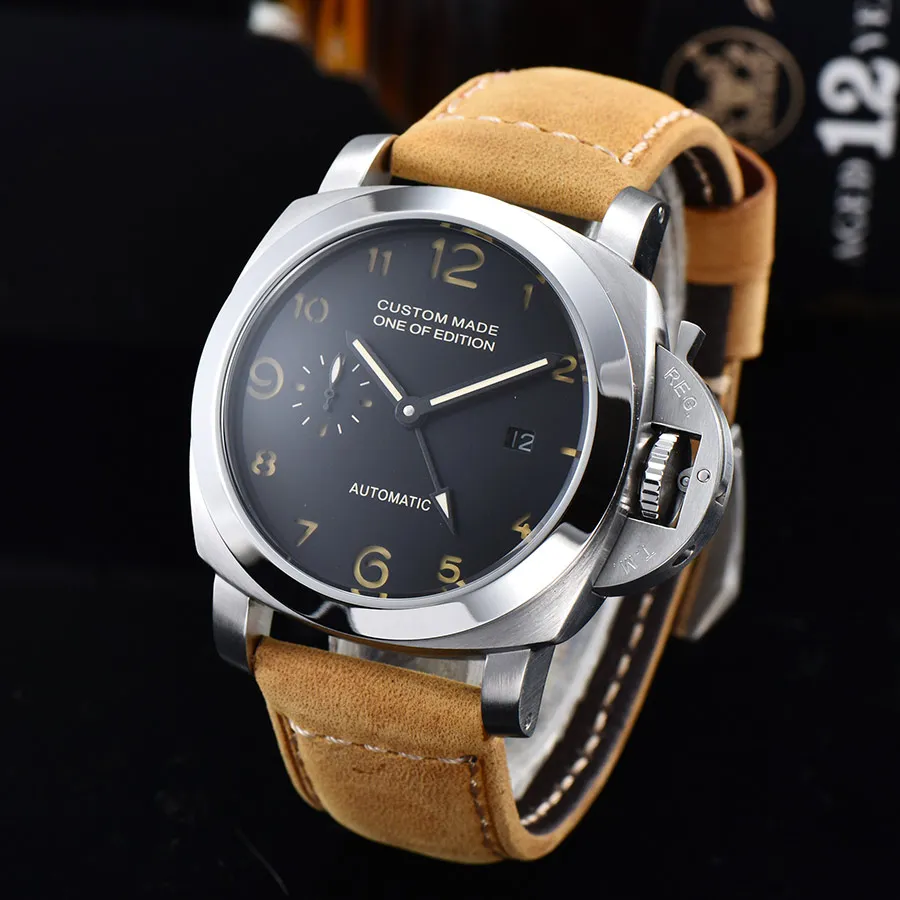 

44mm Men Automatic Mechanical Watch GMT Leather Strap Case luminous Sports military watch men P-C04