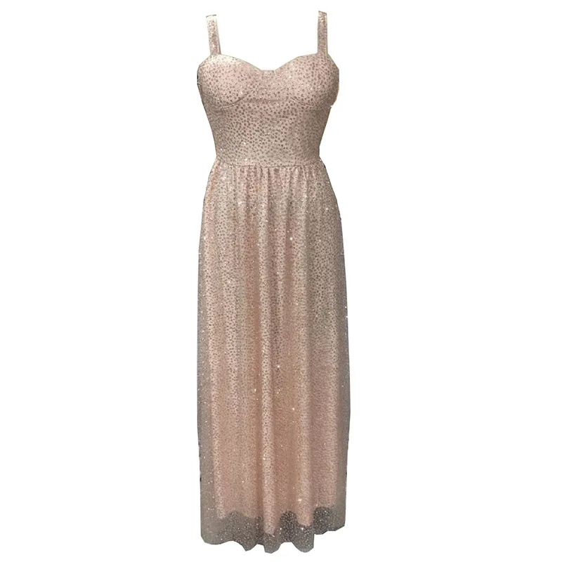 Elegant Champagne Sequined Long Party Dress Summer Fall Sexy Backless Glitter Maxi Dress V Neck Solid Strap Club Gold Dress