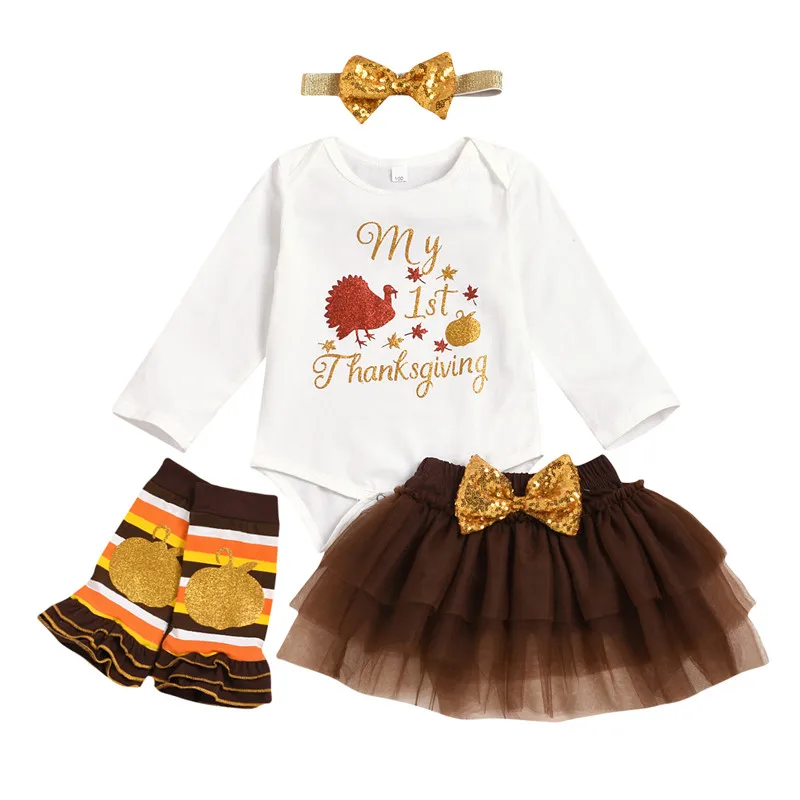 

Newest Thanksgiving 4Pcs Outfits Kid Baby Girls Turkey Romper Tops +Tulle Skirt+Leg Warmers+Headband Outfits 0-24M