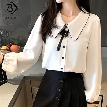

Women Shirts 2020 Spring Autumn Drawstring Turn-down Collar Full Sleeve Single-breasted Loose Chiffon Blouses Tops T05907K