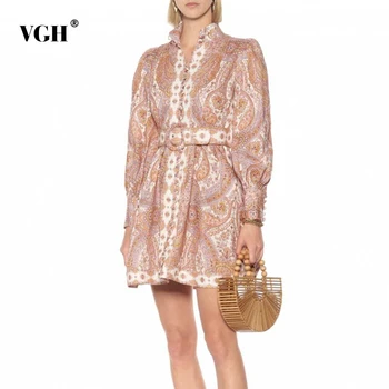 

VGH Elegant Print Summer Dress Women Stand Collar Lantern Long Sleeve High Waist With Sashes Mini Hit Color Dresses For Female