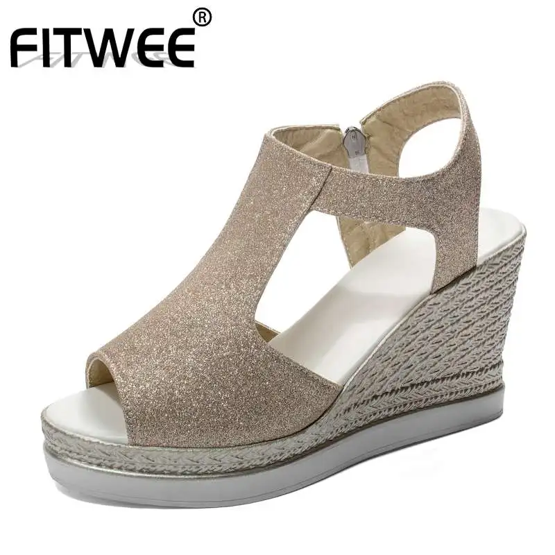 FITWEE Summer Sandals Shoes Ladies' Fashion Peep Toe Side Zipper Women Wedges Heels Casual Footwear Size 34-43 | Обувь