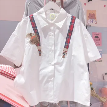 

New Summer Retro College style Loose Short-sleeved Blouse Teen Girls Student Shirt Casual Fake Straps Print Tops Preppy Style
