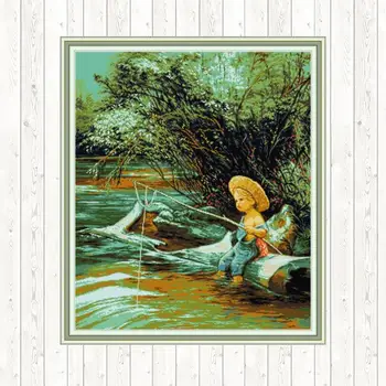 

Fishing Boy Counted Cross Stitch Kits 14ct 11ct Counted Printed Patterns Canvas for Embroidery Kit DIY Needlework Decor Crafts