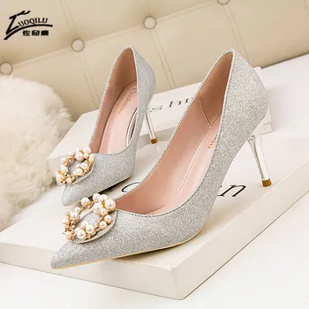 

high heels ladies shoes pearl gold sliver wedding shoes pumps chaussure femme talon pointed toe bridal crystal heels shoes woman