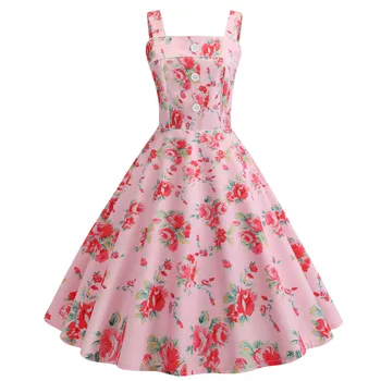 

Hot Sale Halter Dress Summer Women 2019 Sleeveless Floral Print Femme Elegant Vintage Dresses Retro Rockabilly Prom Party Dress