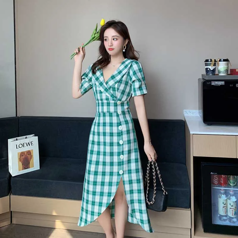 French Vintage Women Lattice Dress 2020 Summer Fashion Short Sleeve Slim Elegant Dress Female Korean Office Party Holiday Dress