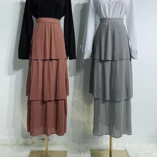 Большие размеры исламские Юбки Женская высокая талия Абая слои оборки длинная юбка мусульманская одежда Женская Повседневная Коричневая серая макси юбка