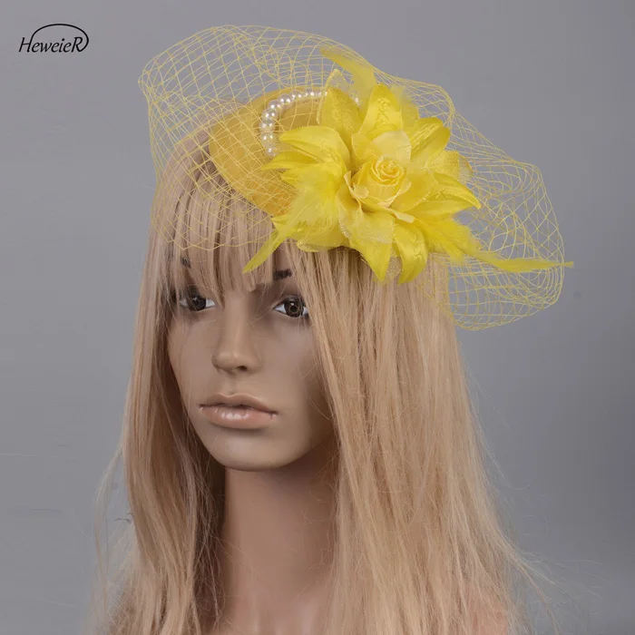 Yellow Женский головной убор, шляпка, Цветочная вуаль, бусины, перья, чародей, заколки для волос, головной убор, свадебные, Коктейльные, вечерние, аксессуары - Цвет: Yellow