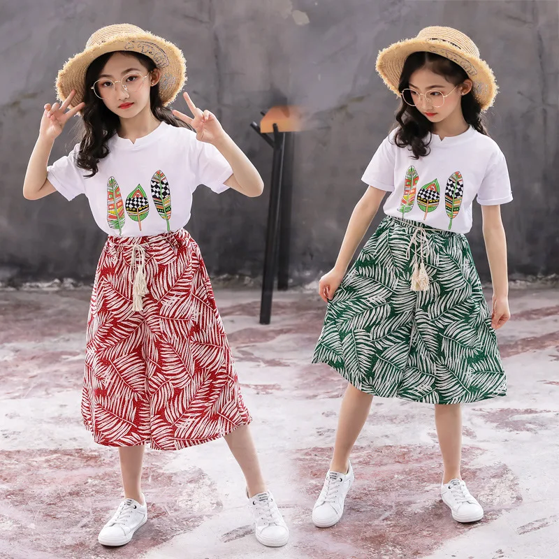 

Summer Girls Clothing Sets Leaf Design Pattern Casual Suit For Girl Shirt + Pants 2 Pcs Clothes Set Kids Birthday Present