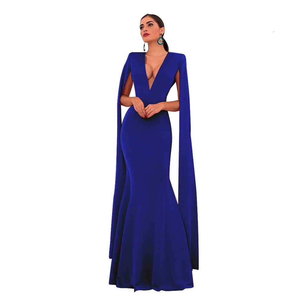 BacklakeGirls сексуальный v-образный вырез специальный длинный рукав сплошной Цвет атласное с юбкой-русалкой длинное вечернее платье вечерние платье для выпускного вечера Формальные - Цвет: royal blue