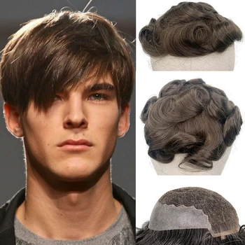 

YY Wigs #7 Brown Human Hair Toupee for Men 8x10 Swiss Lace & PU Remy Hair Replacement System 6 Inch Curly Men's Toupee Hairpiece