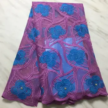 

New Design Purple Blue African Mesh Lace Fabric High Quality Nigerian Tulle Lace French Net Lace With Rhinestones For Dress