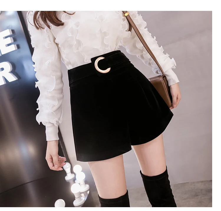 Зимние черные бархатные теплые шорты для женщин осень укороченные штаны в Корейском стиле тонкий высокая талия шерстяные женские шорты Элегантные Короткие mujer