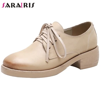 

SARAIRIS New Classic Female Lace Up Genuine Leather Sewing Round Toe Square Heel Spring Flats Office Flats Women Shoes Woman