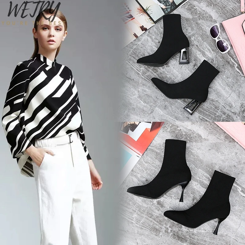 

Women Black Ankle Sock Boots 2019 Fashion Spring Autumn Stretch Boots Chunky High Heels Pointed Toe Women Shoes