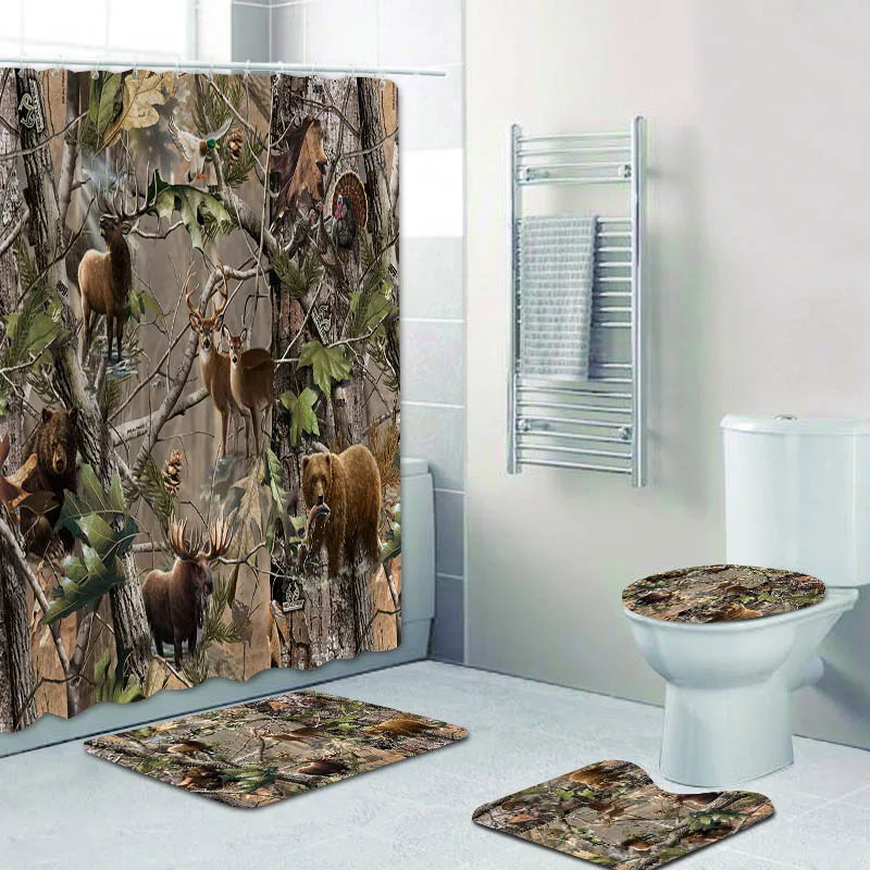 Hunting Camo Elk Moose Bear Deer Shower Curtain Set for Bathroom Wild Animals in Forest Bath Curtains Mats Rugs Camouflage Decor