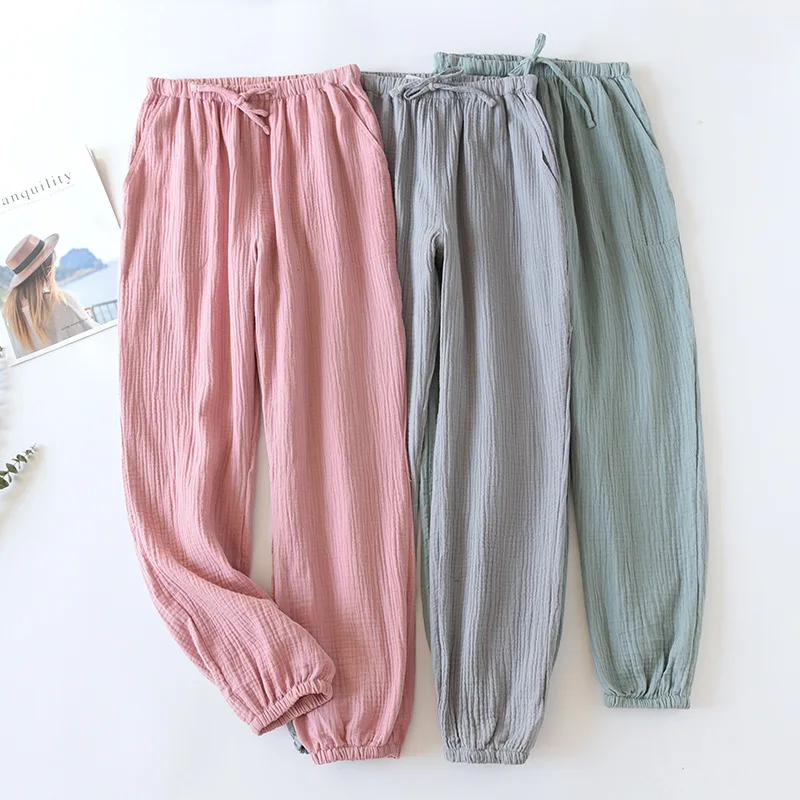 Japanese-style New Spring And Summer Women's Trousers 100% Cotton Crepe Cloth Large Size Color Tie Pants Casual Pants Home Pants