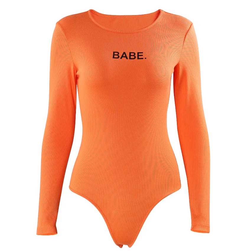 bodysuit long sleeve O-neck Neon bodycon Slim Body Top Letter pattern clothes Streetwear for women Sexy bodysuits