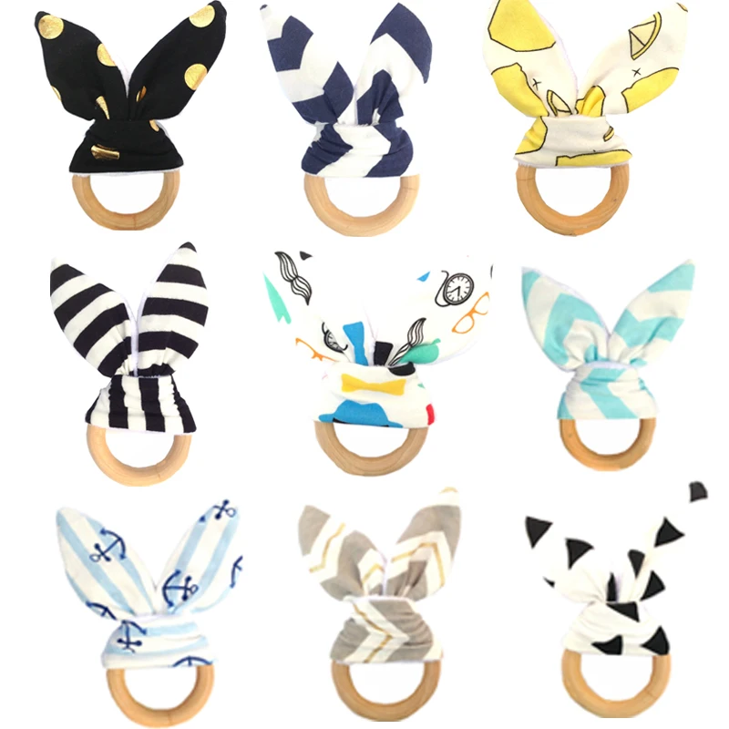 

Baby Rabbit Ear Teether Natural Wood Circle Cartoon Rabbit Ear Training Nursing Teething Ring Newborn Shower Accessories Gift
