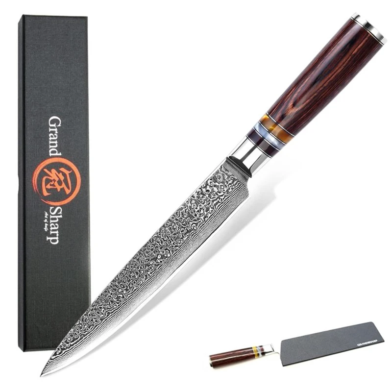 Grandsharp Chef's Knife Damascus Steel Knives 8 Inch Slicing Knife 67 Layers Japanese Kitchen Knife VG10 Steel Meat Fish Salmon